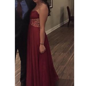 Long strapless Red Prom Dress with jeweling